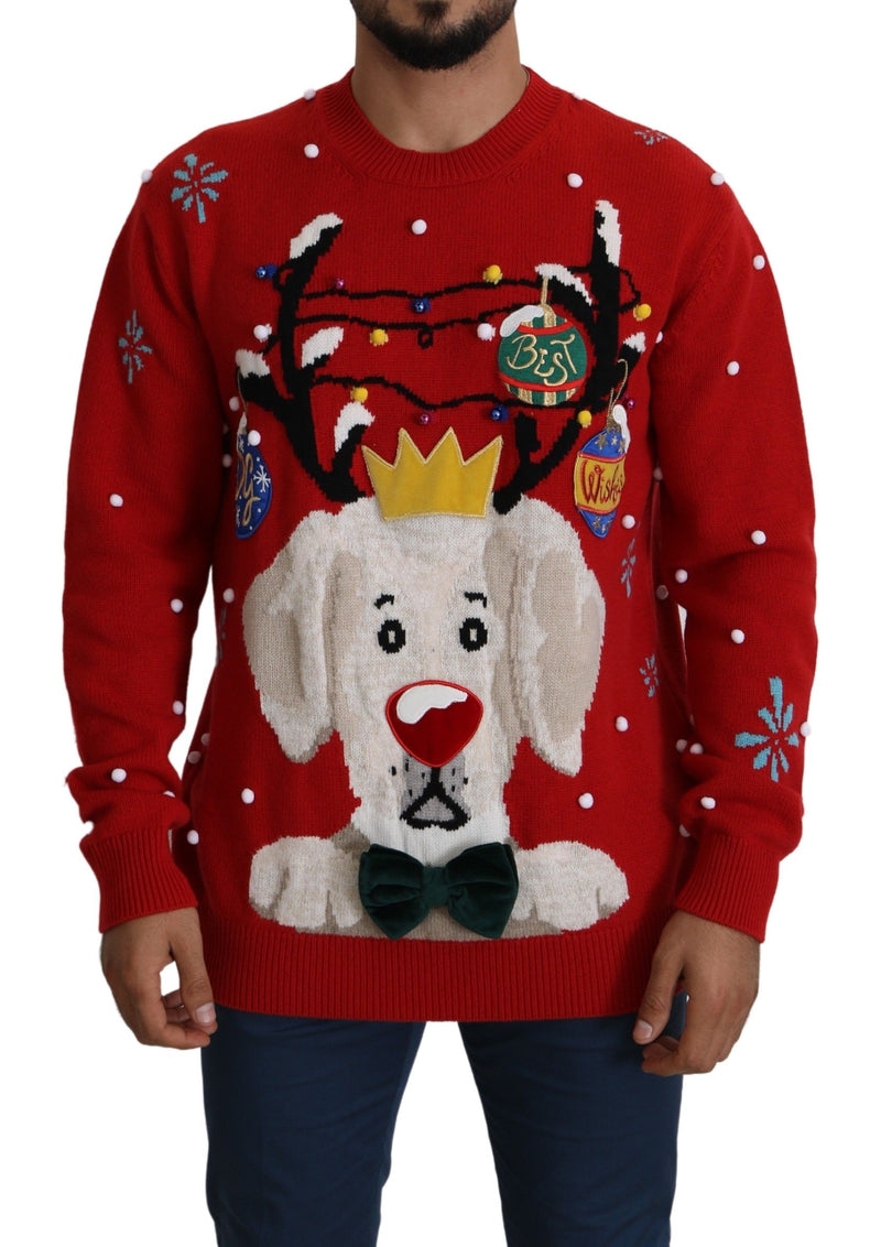 Red Christmas Dog Pullover Cashmere Sweater-Dolce & Gabbana-LabelTerrace.com