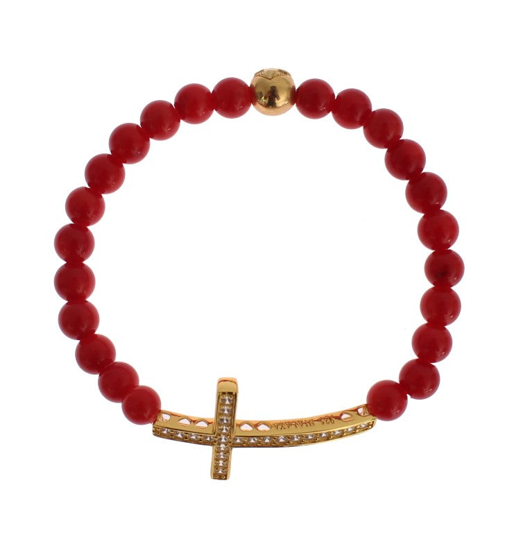 Red Coral Gold CZ Cross 925 Silver Bracelet-Nialaya-LabelTerrace.com