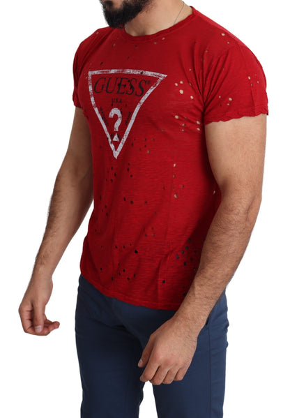 Red Cotton Logo Print Men Casual Top Perforated T-shirt-Guess-LabelTerrace.com