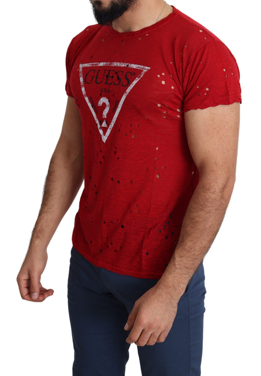 Red Cotton Logo Print Men Casual Top Perforated T-shirt-Guess-LabelTerrace.com