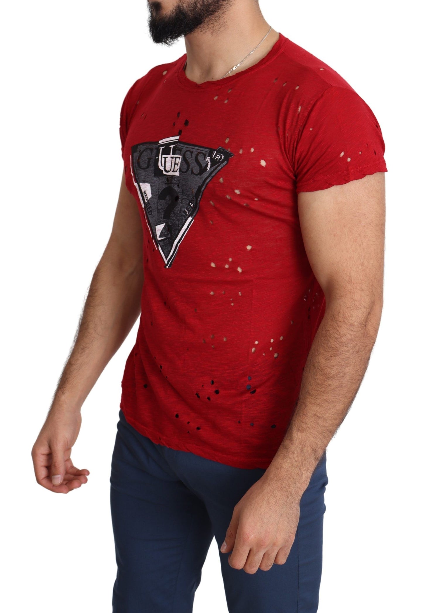 Red Cotton Logo Print Men Casual Top Perforated T-shirt-Guess-LabelTerrace.com