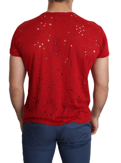 Red Cotton Logo Print Men Casual Top Perforated T-shirt-Guess-LabelTerrace.com