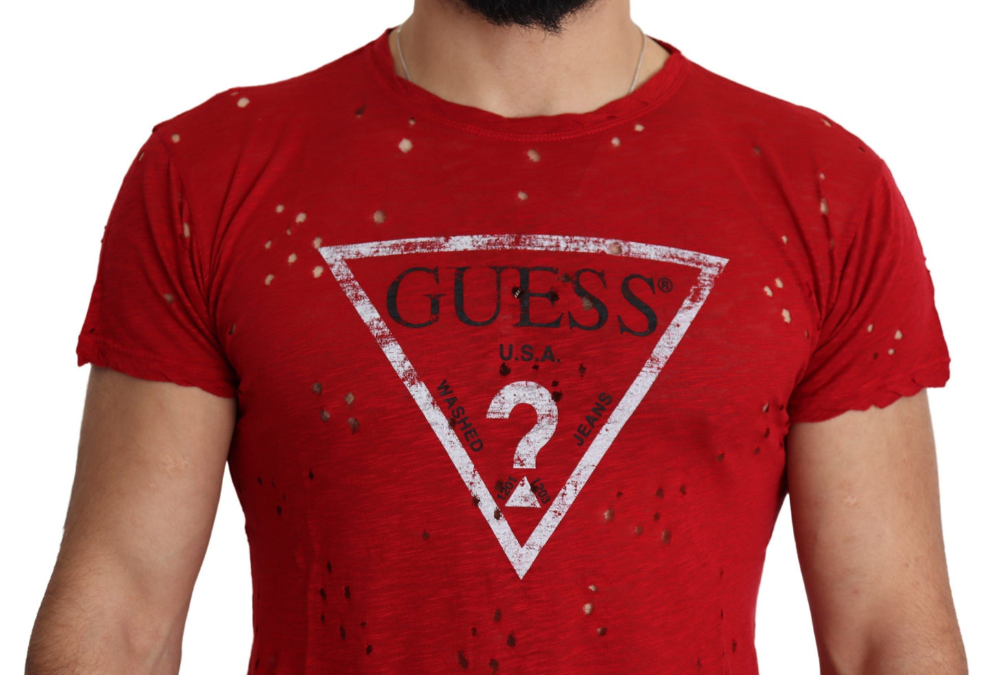 Red Cotton Logo Print Men Casual Top Perforated T-shirt-Guess-LabelTerrace.com