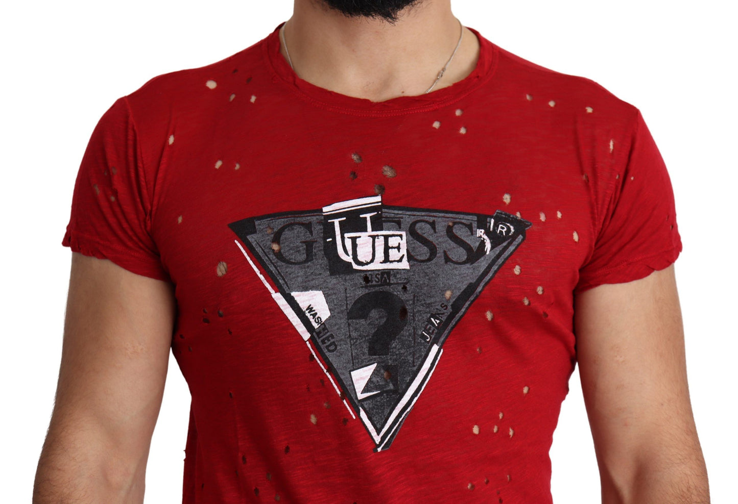 Red Cotton Logo Print Men Casual Top Perforated T-shirt-Guess-LabelTerrace.com