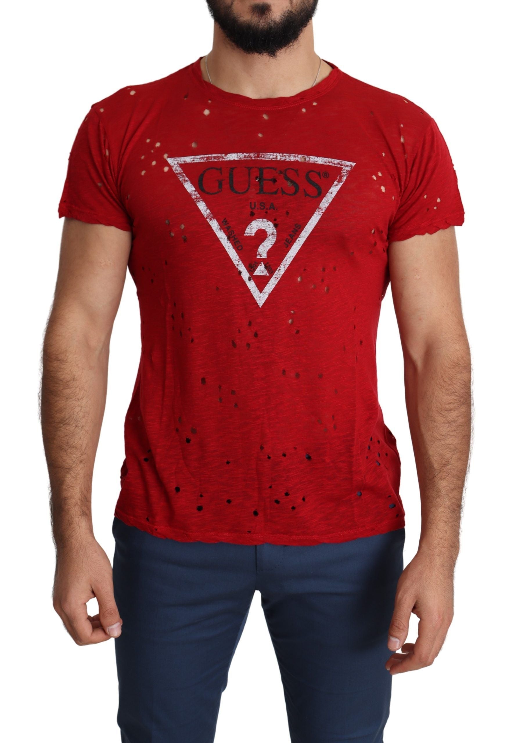 Red Cotton Logo Print Men Casual Top Perforated T-shirt-Guess-LabelTerrace.com