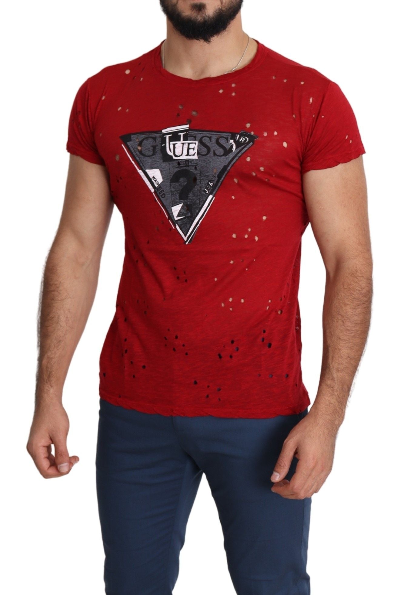 Red Cotton Logo Print Men Casual Top Perforated T-shirt-Guess-LabelTerrace.com