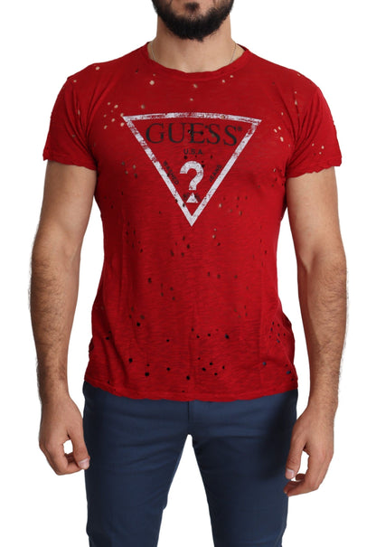 Red Cotton Logo Print Men Casual Top Perforated T-shirt-Guess-LabelTerrace.com