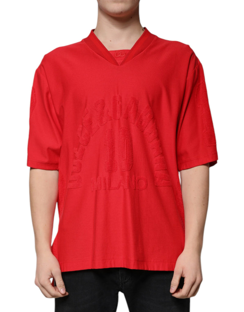 Red Cotton V-neck Short Sleeves T-shirt-Dolce & Gabbana-LabelTerrace.com