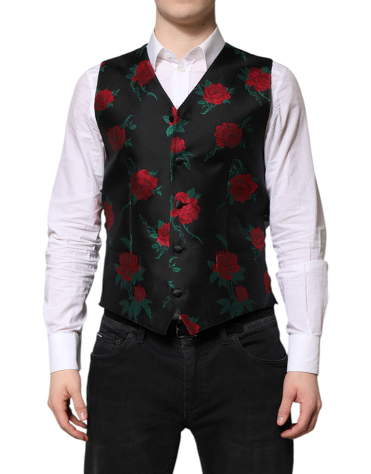 Red Floral Brocade Formal Men Waistcoat Vest-Dolce & Gabbana-LabelTerrace.com