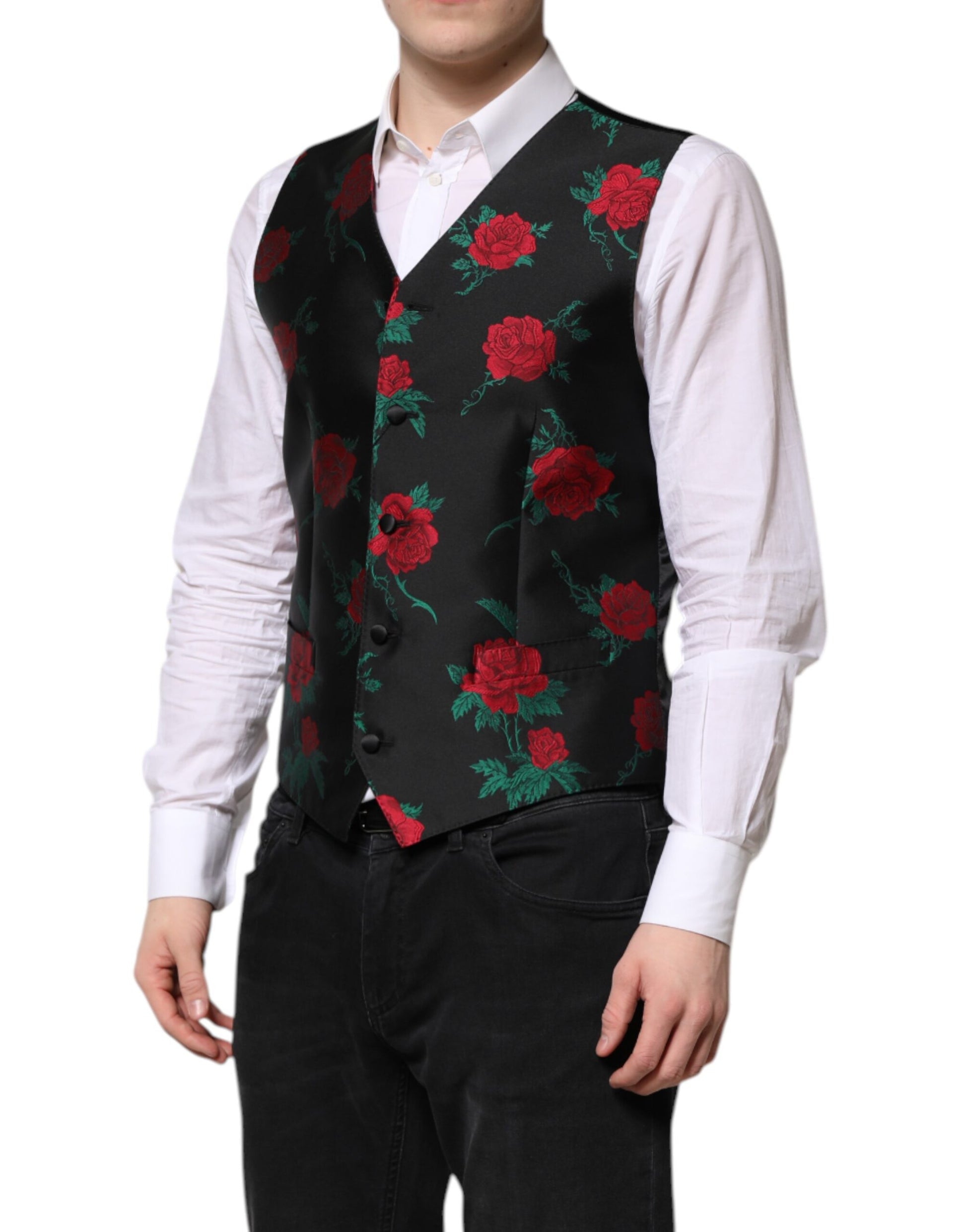 Red Floral Brocade Formal Men Waistcoat Vest-Dolce & Gabbana-LabelTerrace.com