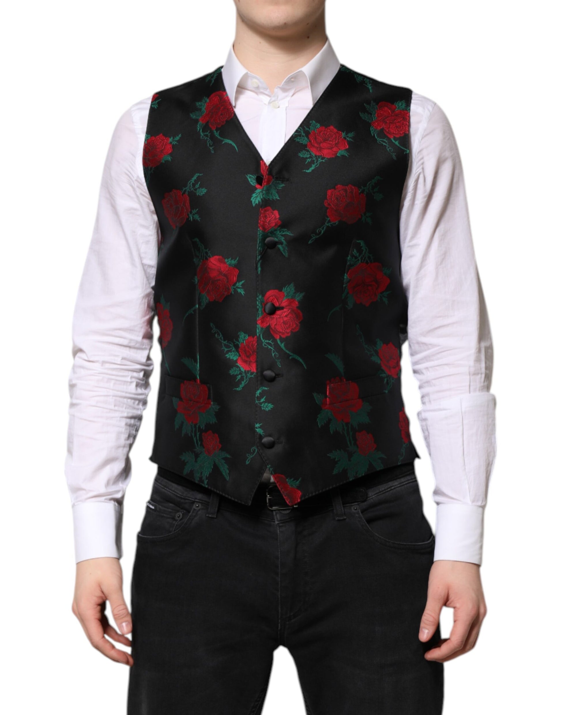 Red Floral Brocade Formal Men Waistcoat Vest-Dolce & Gabbana-LabelTerrace.com