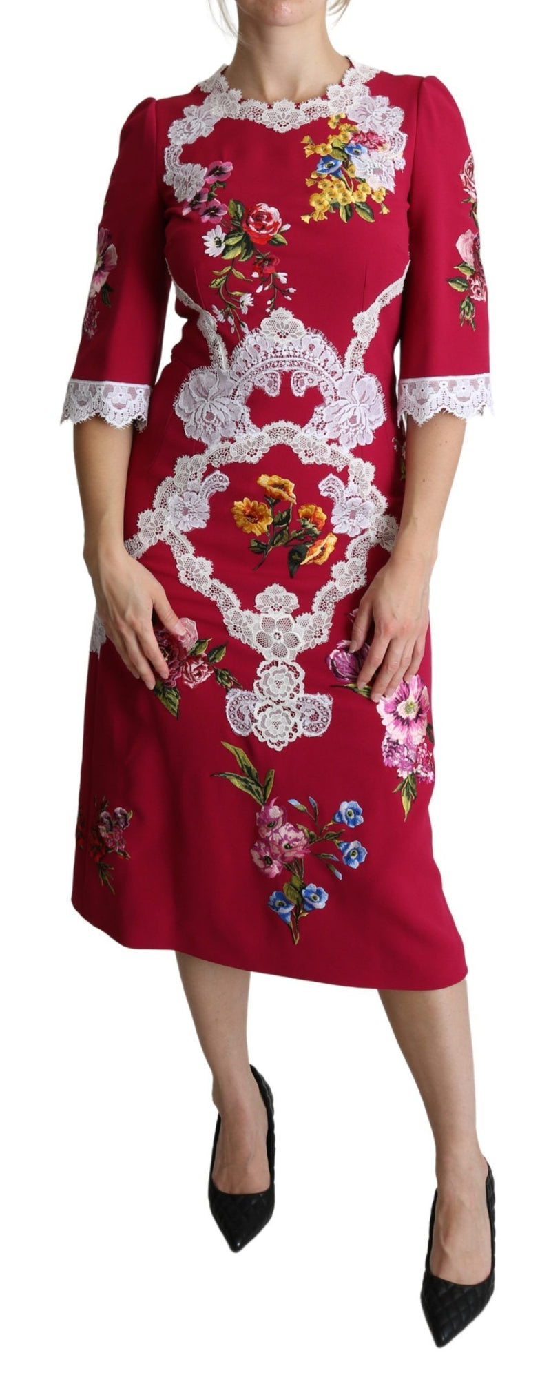 Red Floral Embroidered Sheath Midi Dress-Dolce & Gabbana-LabelTerrace.com
