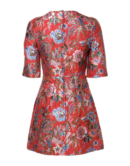 Red Floral Jacquard A-line Mini Dress-Dolce & Gabbana-LabelTerrace.com