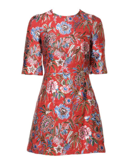 Red Floral Jacquard A-line Mini Dress-Dolce & Gabbana-LabelTerrace.com