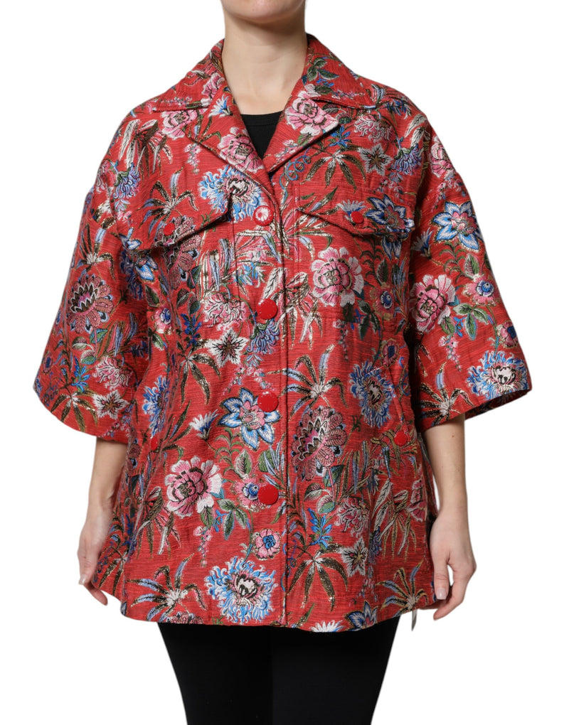 Red Floral Jacquard Button Down Coat Jacket-Dolce & Gabbana-LabelTerrace.com