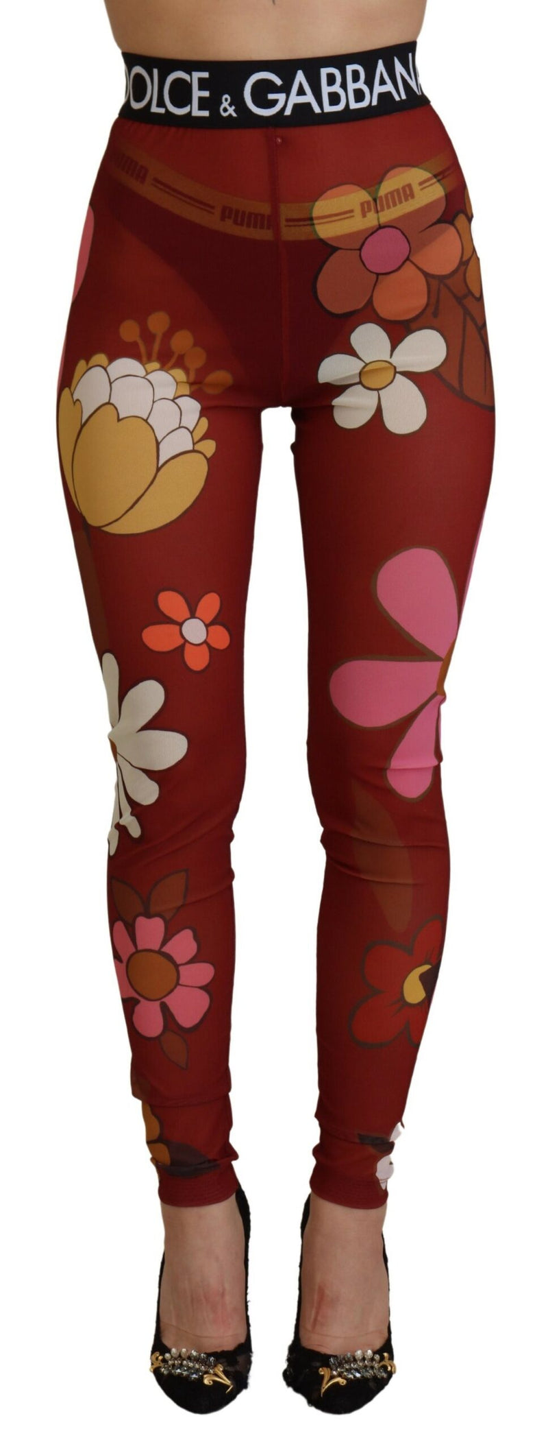 Red Floral Leggings Stretch Waist Pants-Dolce & Gabbana-LabelTerrace.com