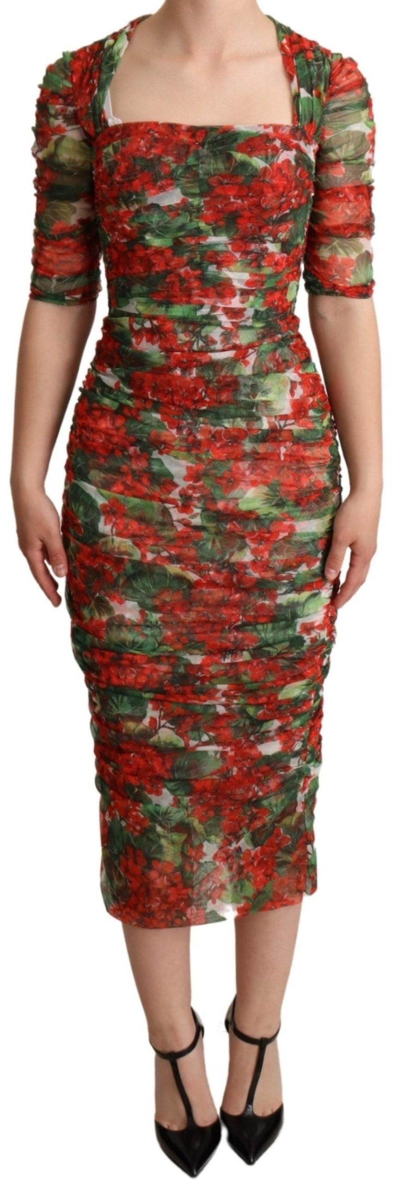 Red Floral Print Tulle Sheath Midi Dress-Dolce & Gabbana-LabelTerrace.com