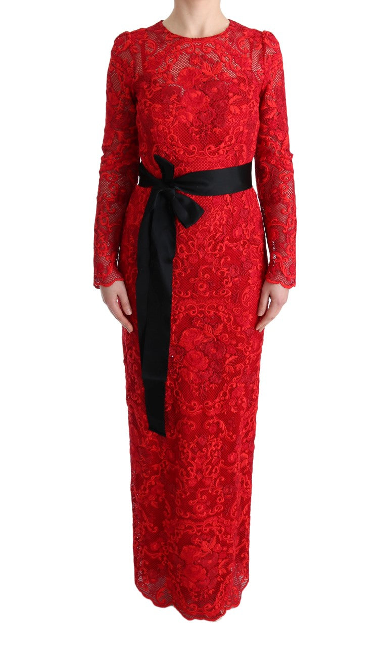Red Floral Ricamo Sheath Long Dress-Dolce & Gabbana-LabelTerrace.com