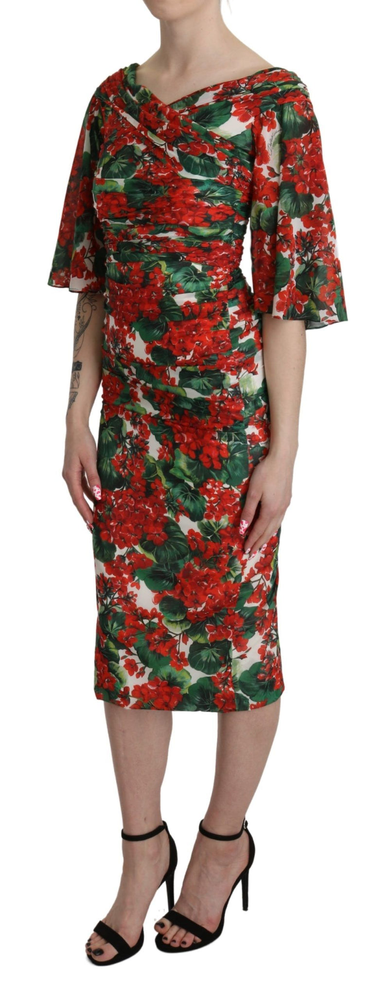 Red Floral Sheath Midi Silk Stretch Dress-Dolce & Gabbana-LabelTerrace.com