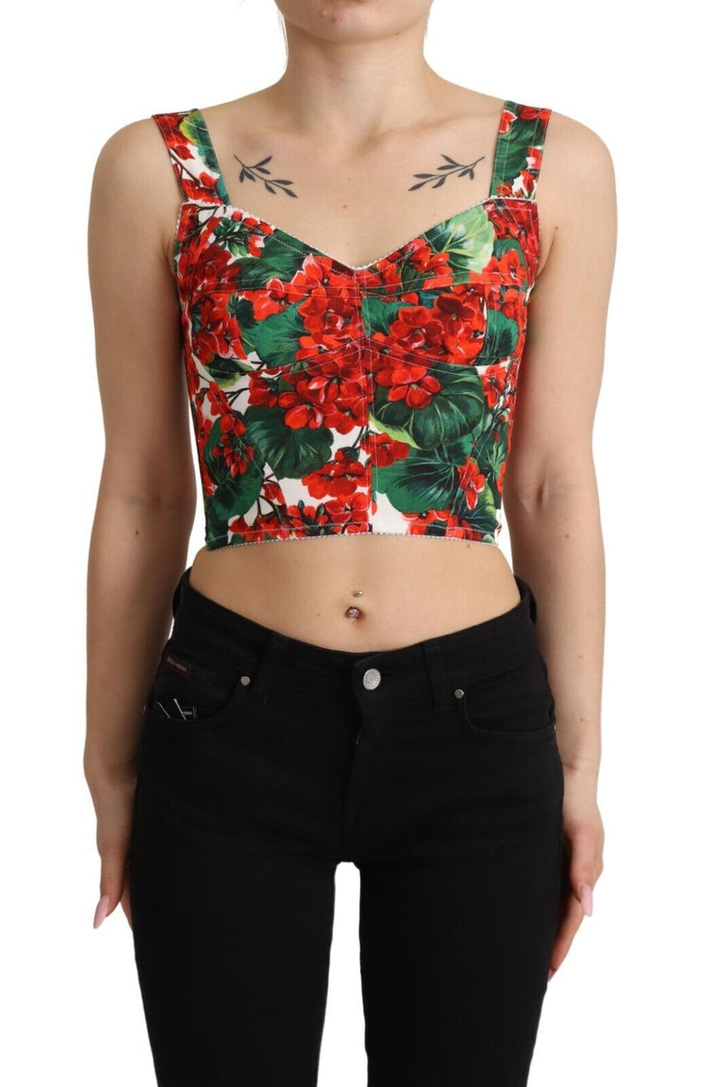 Red Geranium Print Viscose Sweetheart Cropped Top-Dolce & Gabbana-LabelTerrace.com