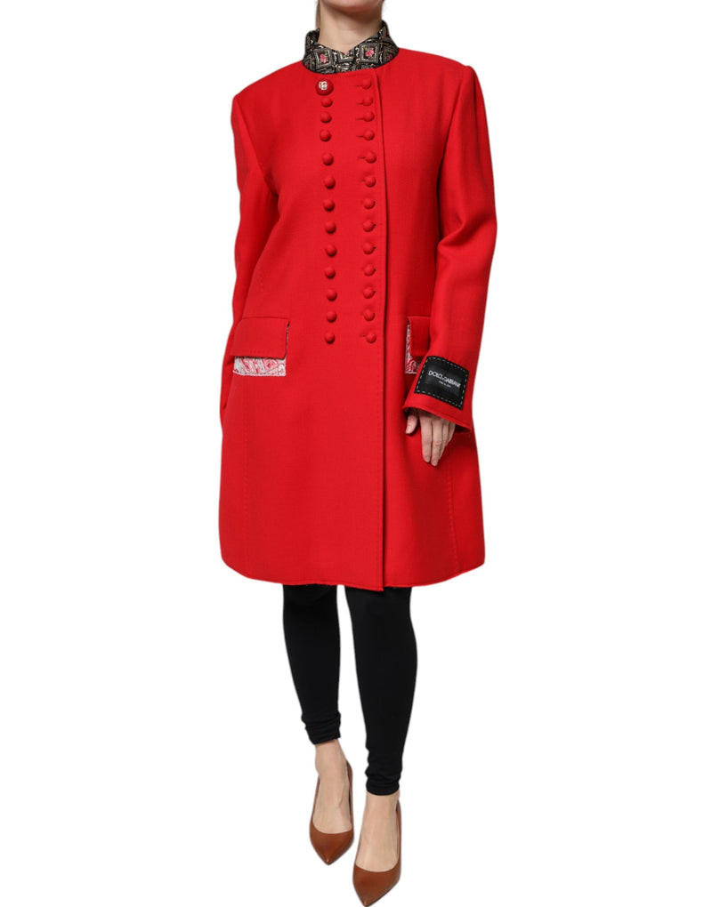Red Jacquard Wool Women Trenchcoat Jacket-Dolce & Gabbana-LabelTerrace.com