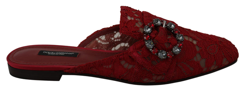 Red Lace Crystal Slide On Flats Shoes-Dolce & Gabbana-LabelTerrace.com