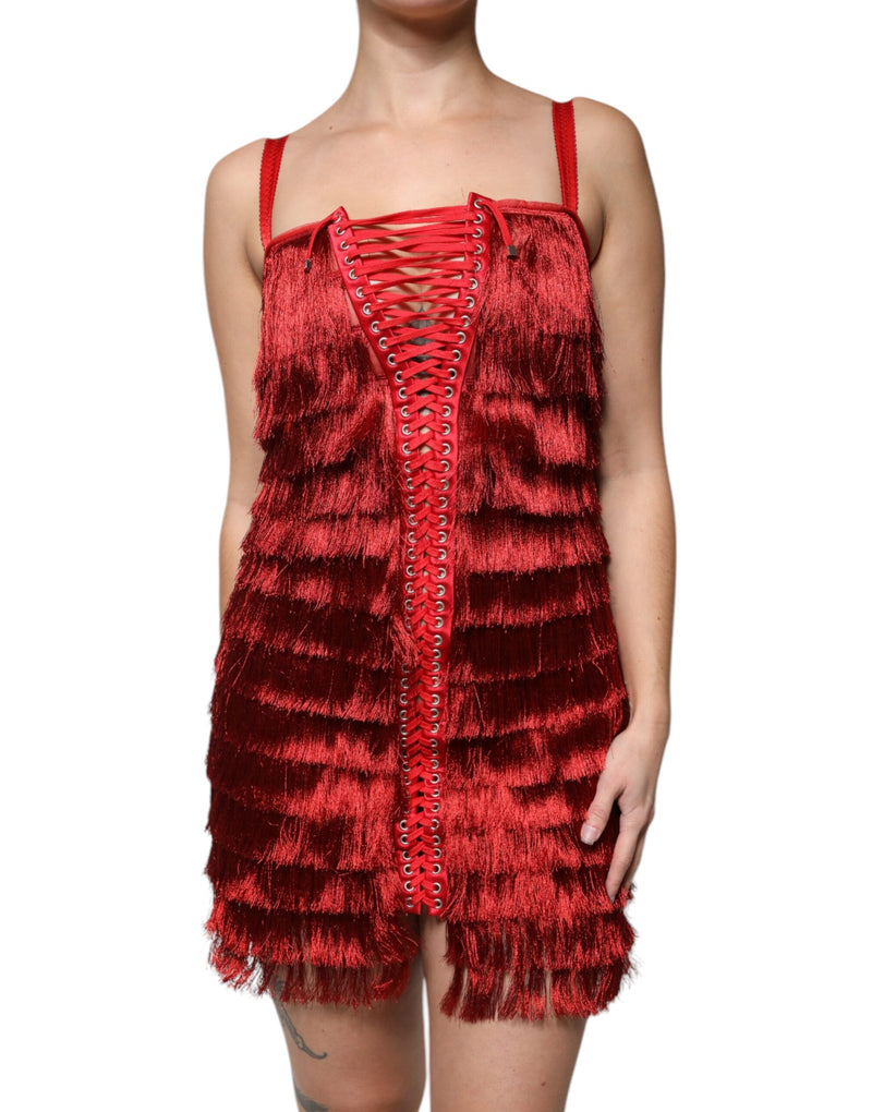 Red Lace Tassel Sleeveless Sheath Mini Dress-Dolce & Gabbana-LabelTerrace.com
