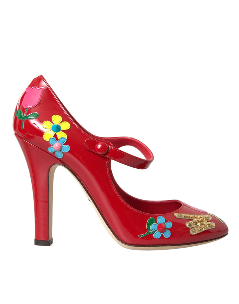Red Leather Embellished Mary Jane Pumps Heels Shoes-Dolce & Gabbana-LabelTerrace.com