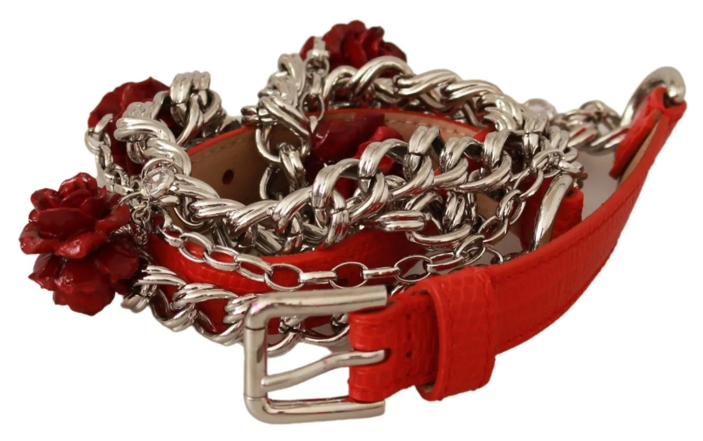 Red Leather Roses Floral Silver Waist Belt-Dolce & Gabbana-LabelTerrace.com