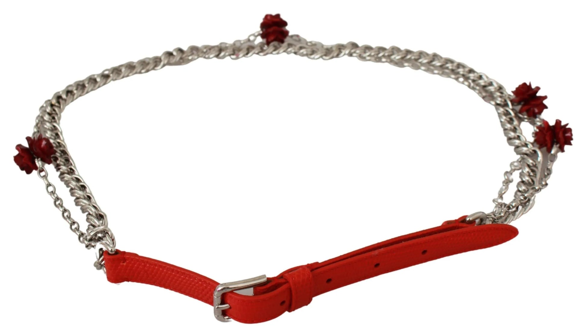 Red Leather Roses Floral Silver Waist Belt-Dolce & Gabbana-LabelTerrace.com
