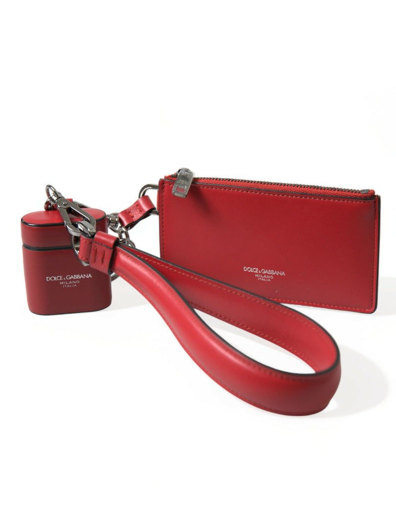 Red Leather Silver Metal Logo Strap Pouch Airpods Case-Dolce & Gabbana-LabelTerrace.com