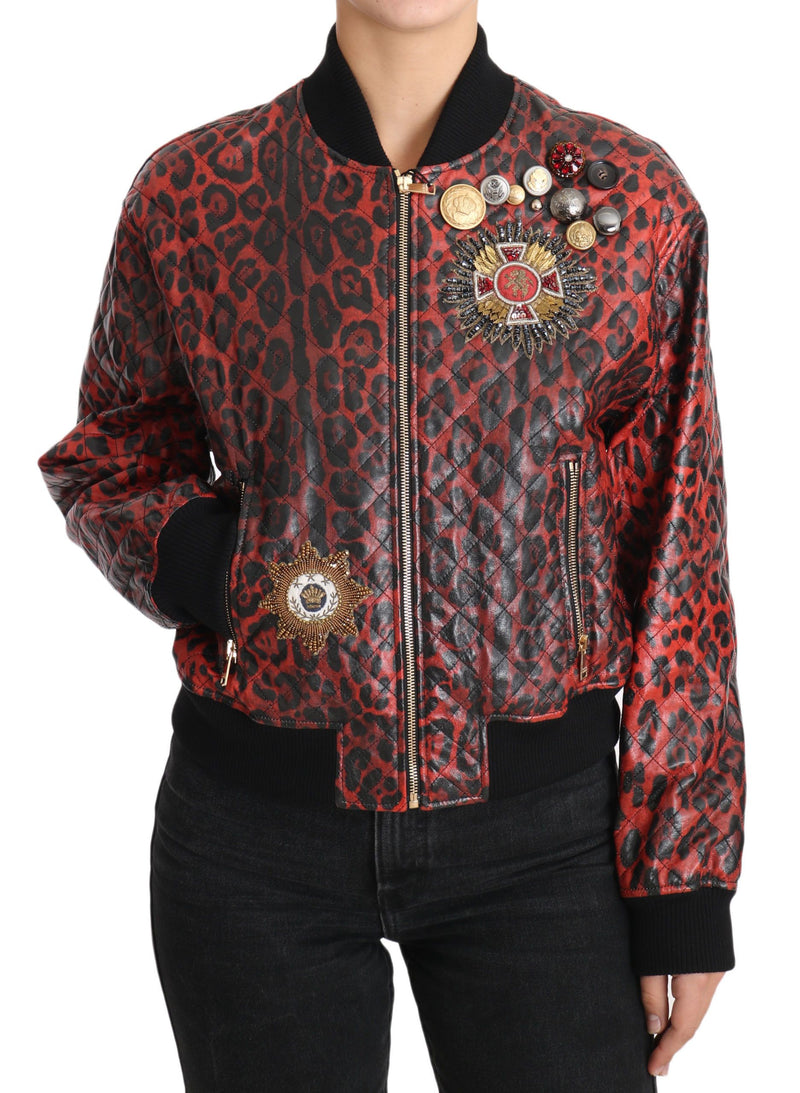 Red Leopard Button Crystal Leather Jacket-Dolce & Gabbana-LabelTerrace.com
