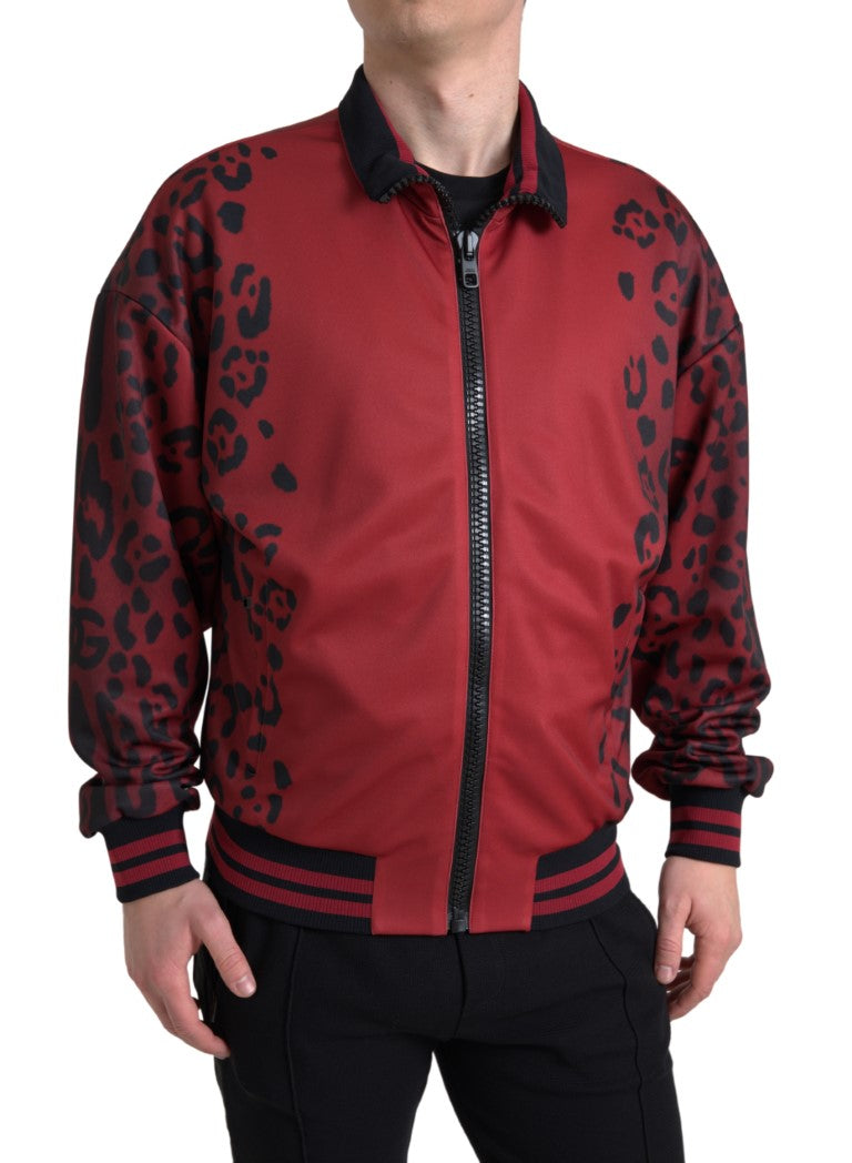 Red Leopard Polyester Bomber Full Zip Jacket-Dolce & Gabbana-LabelTerrace.com
