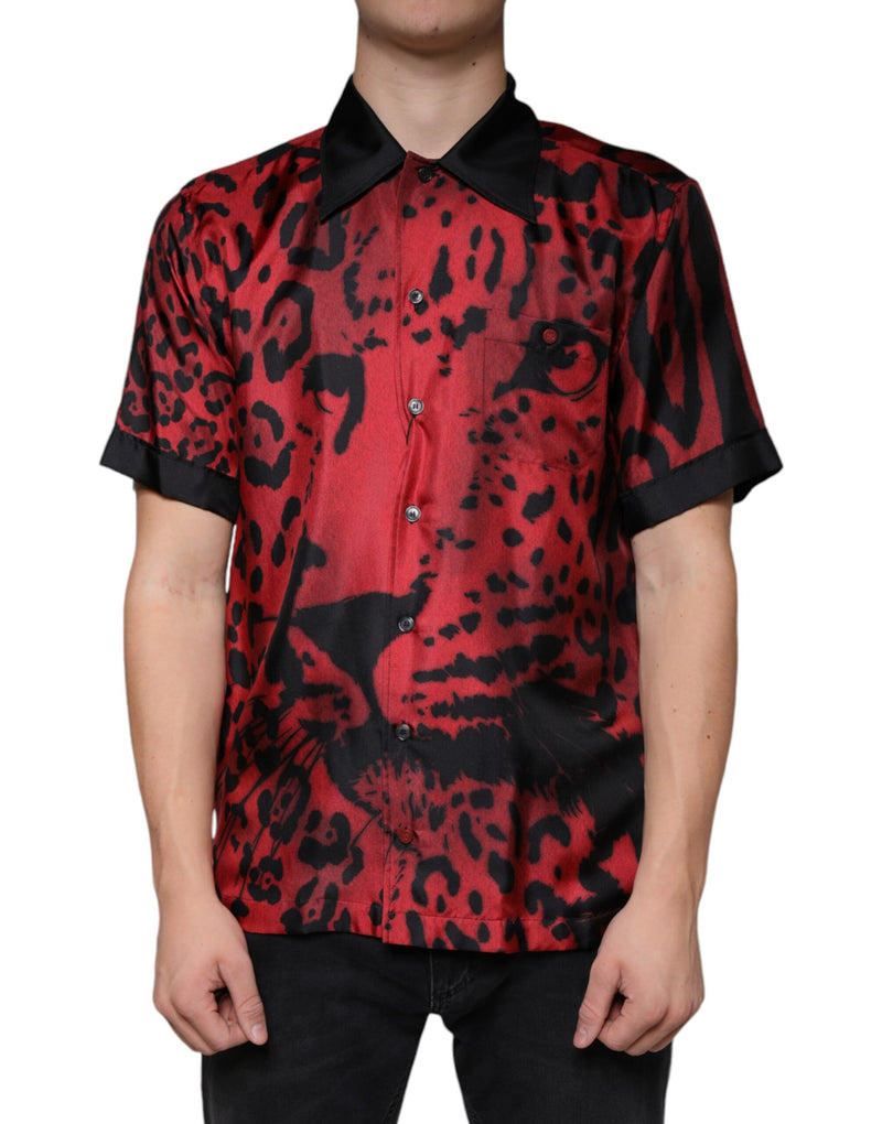 Red Leopard Silk Button Down Casual Shirt-Dolce & Gabbana-LabelTerrace.com