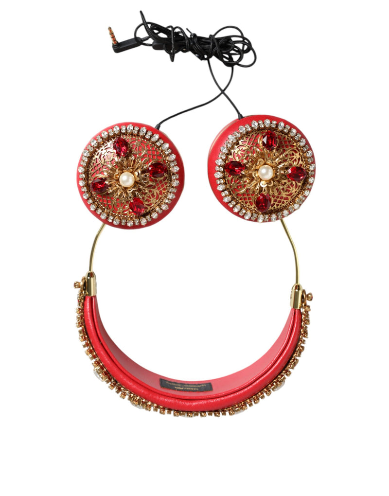 Red Nappa Leather Floral Crystal Headphone-Dolce & Gabbana-LabelTerrace.com