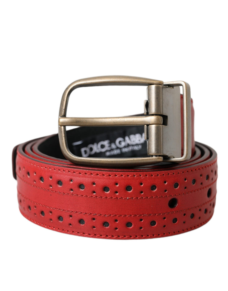 Red Perforated Leather Metal Buckle Belt Men-Dolce & Gabbana-LabelTerrace.com