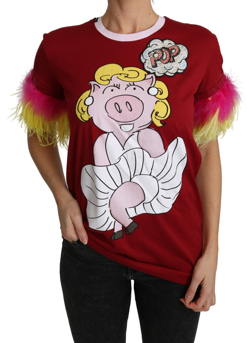 Red Pig Print Feather Sleeves T-shirt Top-Dolce & Gabbana-LabelTerrace.com