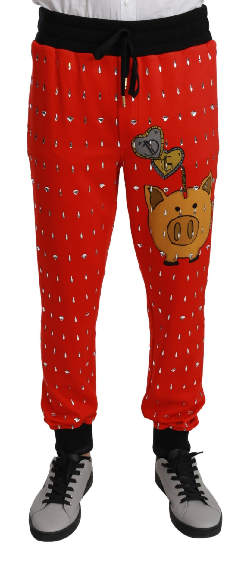 Red Piggy Bank Cotton Crystal Trousers Pants-Dolce & Gabbana-LabelTerrace.com