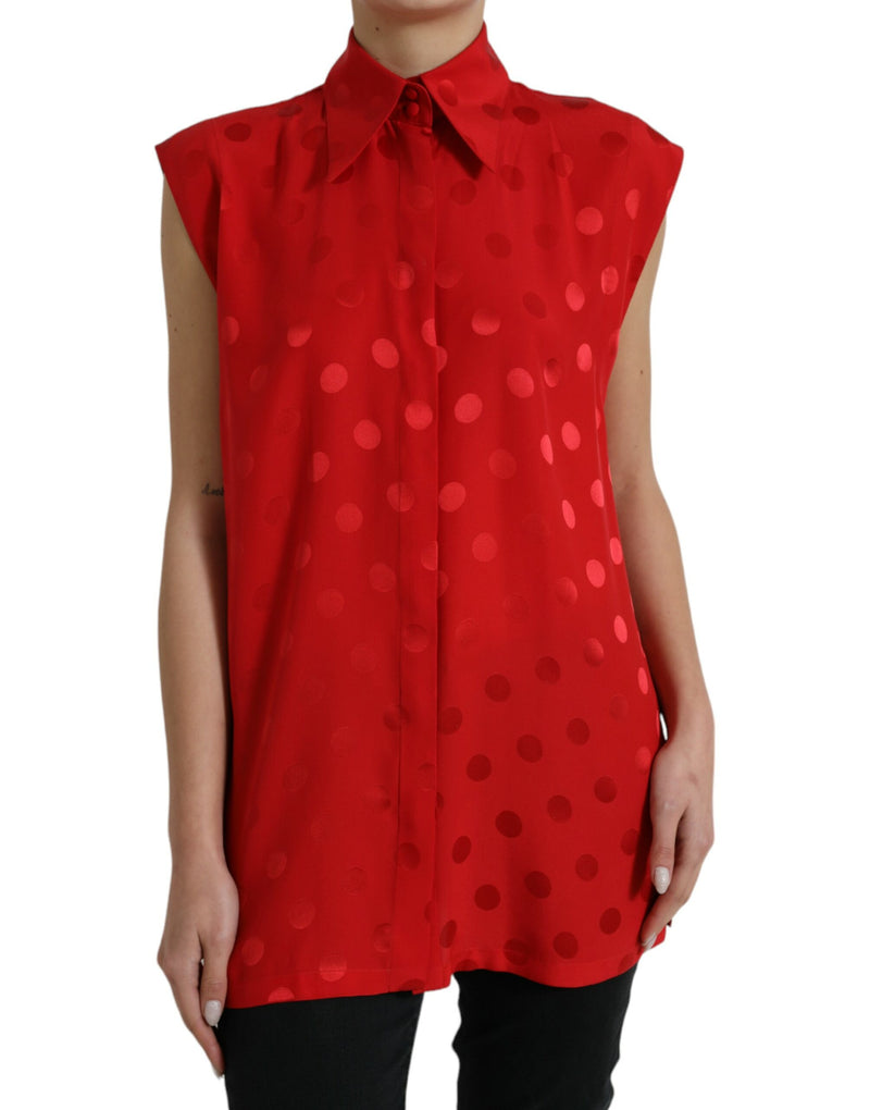 Red Polka Dot Sleeveless Collared Blouse Top-Dolce & Gabbana-LabelTerrace.com