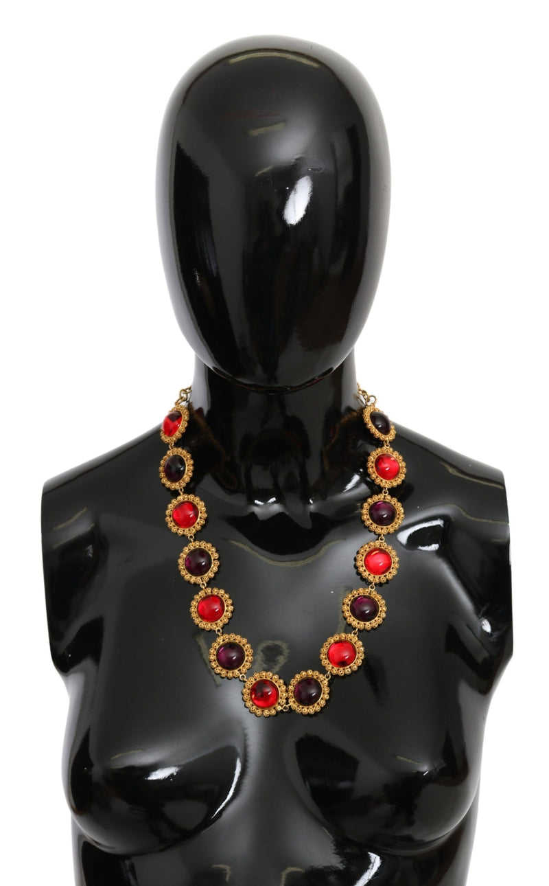 Red Purple Crystal Floral Chain Statement Gold Brass Necklace-Dolce & Gabbana-LabelTerrace.com