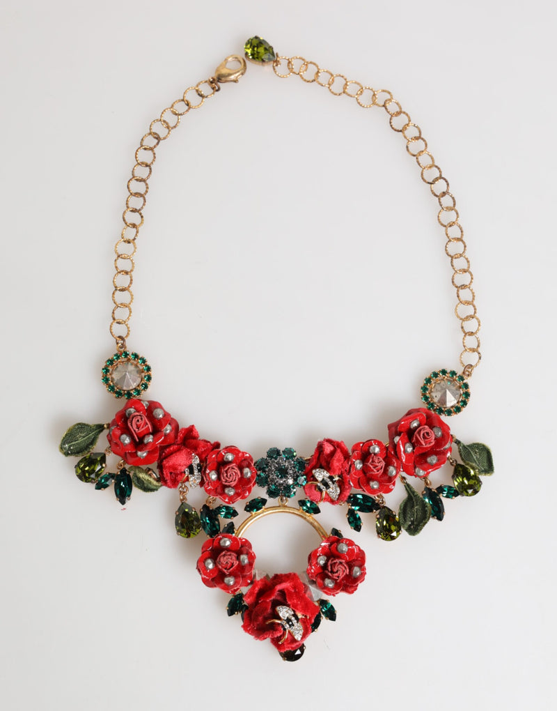 Red Rose Floral Crystal Embellished Statement Jewelry Necklace-Dolce & Gabbana-LabelTerrace.com