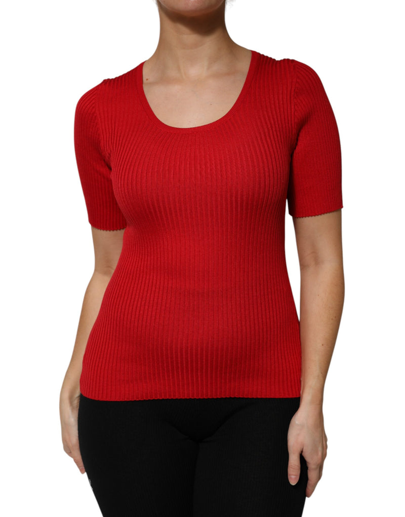 Red Round Neck Short Sleeves Pullover Top-Dolce & Gabbana-LabelTerrace.com