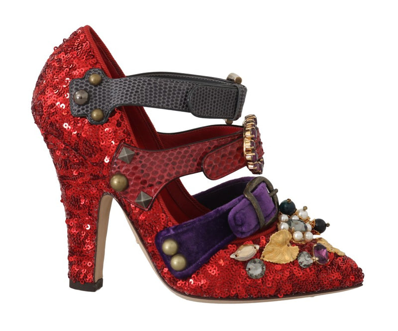 Red Sequined Crystal Studs Heels Shoes-Dolce & Gabbana-LabelTerrace.com