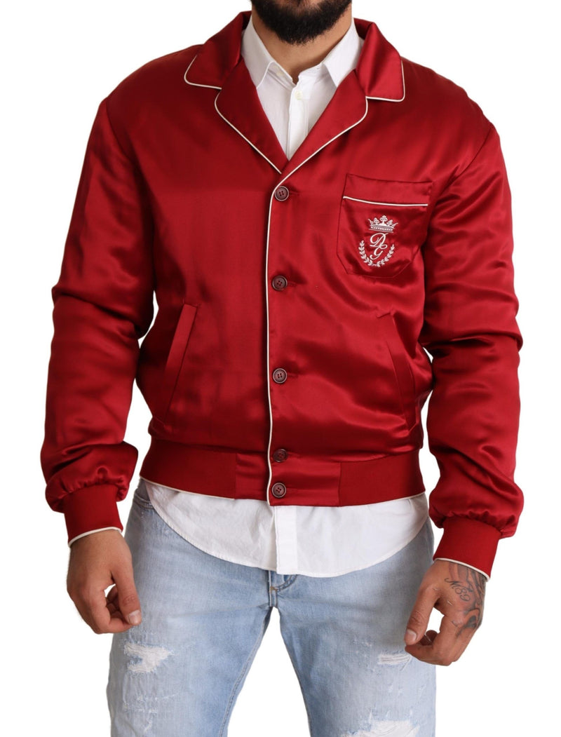 Red Silk Button DG Logo Bomber Jacket-Dolce & Gabbana-LabelTerrace.com