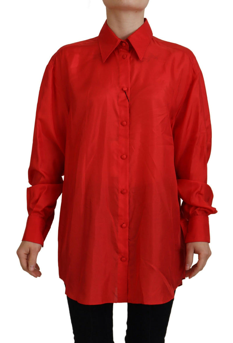 Red Silk Collared Long Sleeves Dress Shirt Top-Dolce & Gabbana-LabelTerrace.com