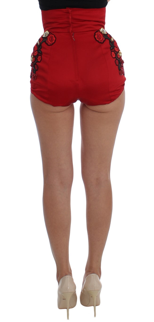 Red Silk Crystal Roses Shorts-Dolce & Gabbana-LabelTerrace.com