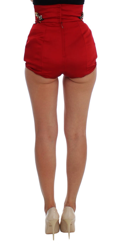 Red Silk Crystal Roses Shorts-Dolce & Gabbana-LabelTerrace.com