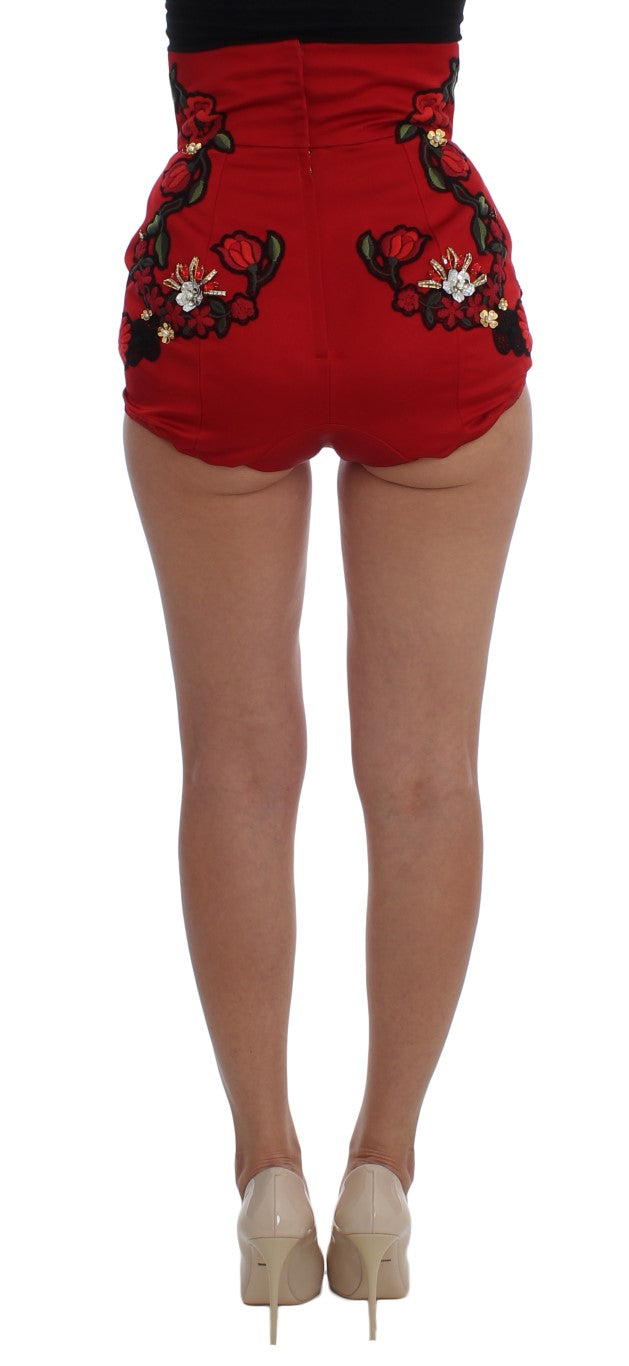 Red Silk Crystal Roses Shorts-Dolce & Gabbana-LabelTerrace.com