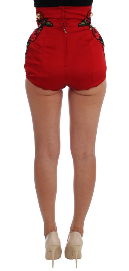 Red Silk Crystal Roses Shorts-Dolce & Gabbana-LabelTerrace.com