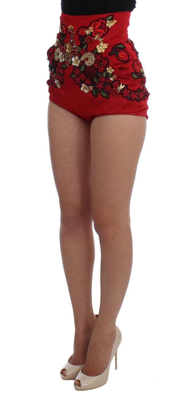 Red Silk Crystal Roses Shorts-Dolce & Gabbana-LabelTerrace.com